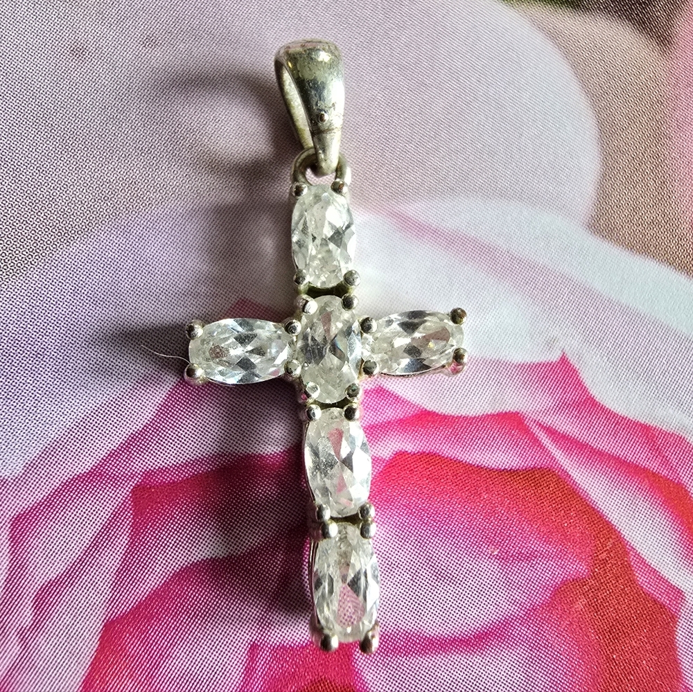 Sparkly cross pendant clear gems silver tone metal religious christian